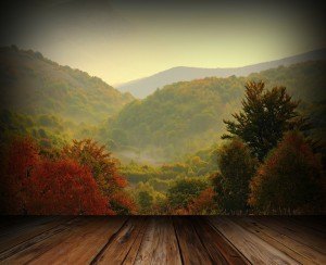 View of the mountains from a cabin porch