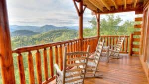 Rocking chairs on the deck of a cabin