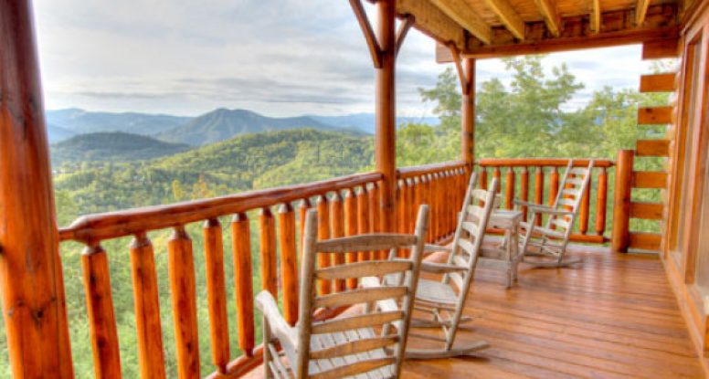 Rocking chairs on the deck of a cabin