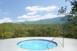 The outdoor hot tub with mountain views at The Preserve Resort in Wears Valley TN.