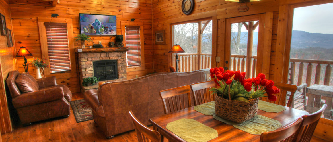 living room and dining room in a smoky mountain cabin for rent