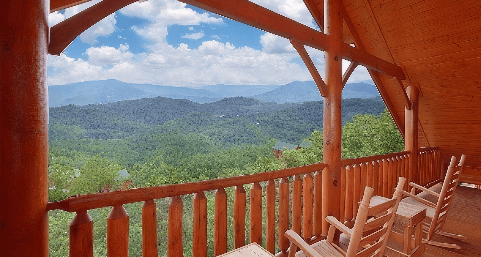 The deck with mountain views at Heavenly Heights Retreat, one of our Smoky Mountain resort cabins. The deck with mountain views at Heavenly Heights Retreat, one of our Smoky Mountain resort cabins.